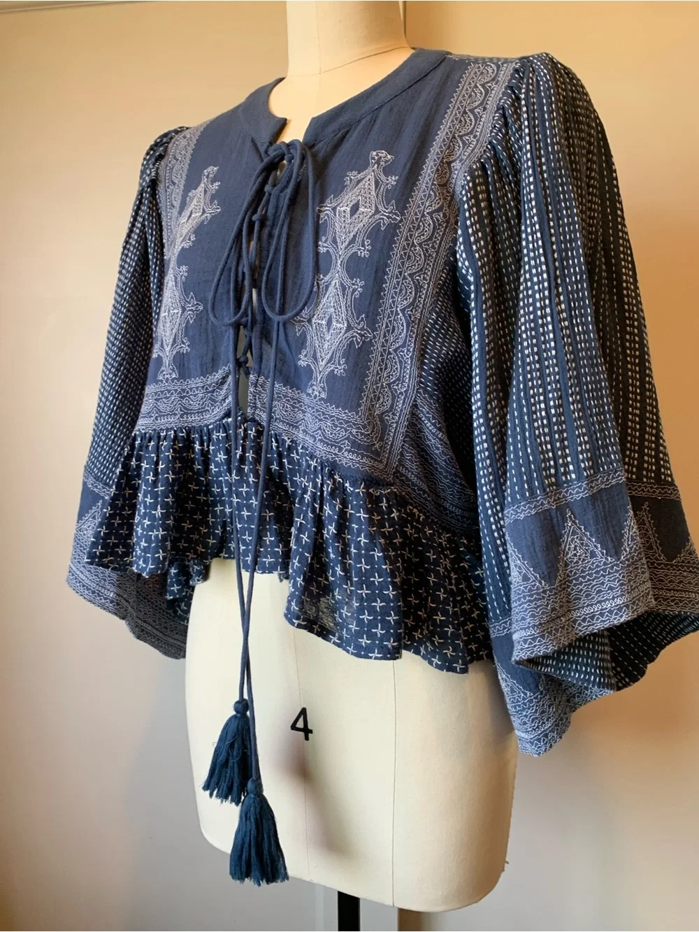 Free People Indigo Embroidered Lace-Up Peasant Blouse